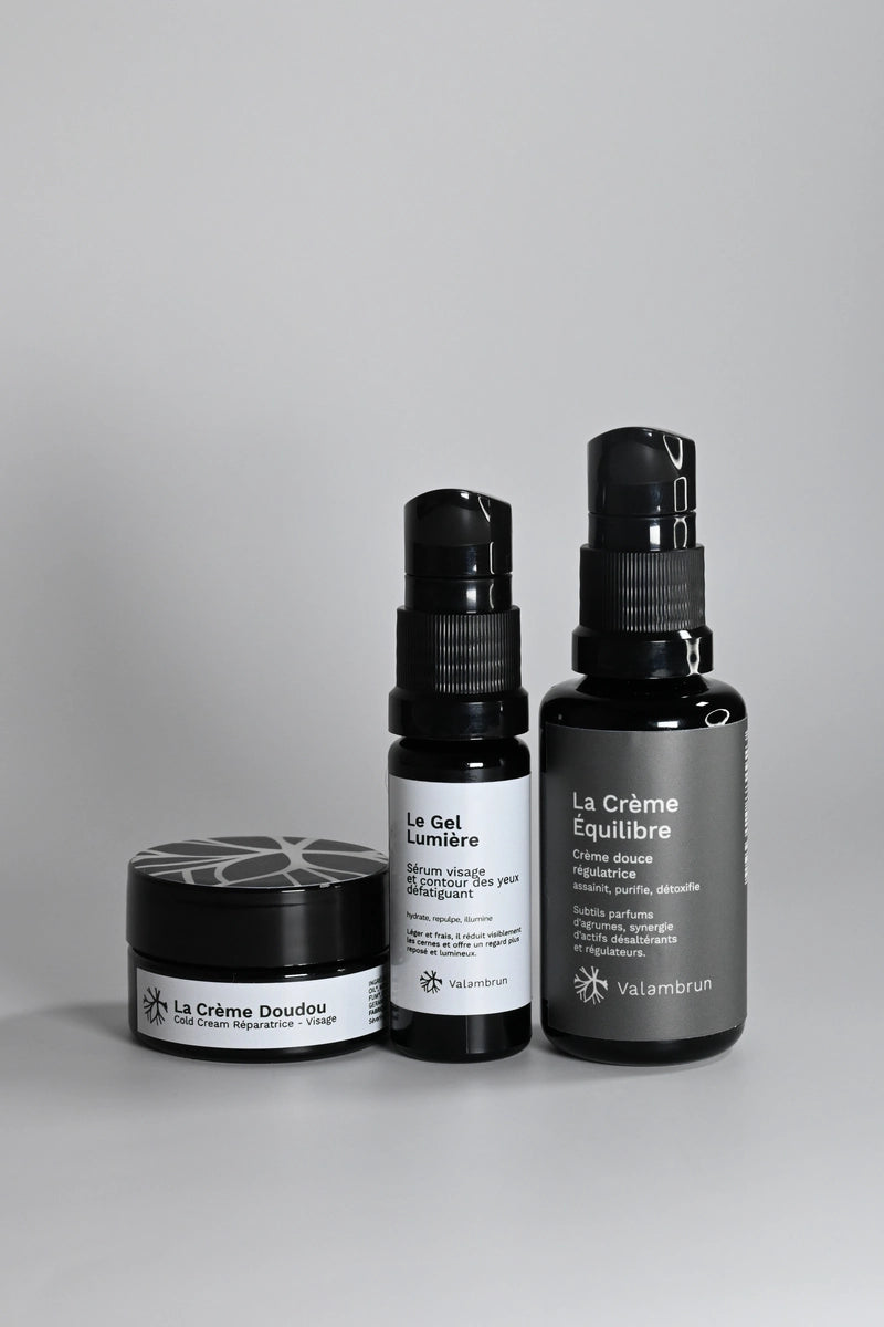routine jour nuit valamabrun cosmétiques saly cosmétiques le gel lumière la crème équilibre la crème doudou